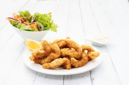 Salt & Pepper Squid Twists 10pc, Salad & Chips