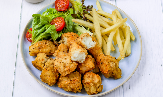 Lightly Dusted Fish Bites 10pc & Chips & Salad